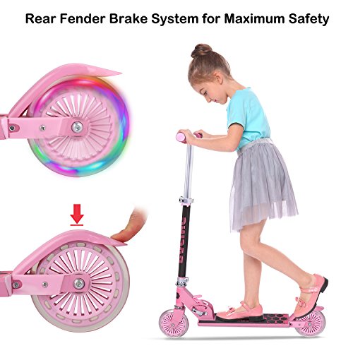 Profun Patinete 2 Ruedas Patinete Plegable para Niños Patinete Infantil con Freno Altura del Manillar Ajustable Patinete Niño Scooter con Luz Led Patinete con Luces para Niñas de 3 - 10 Años (Rosa)