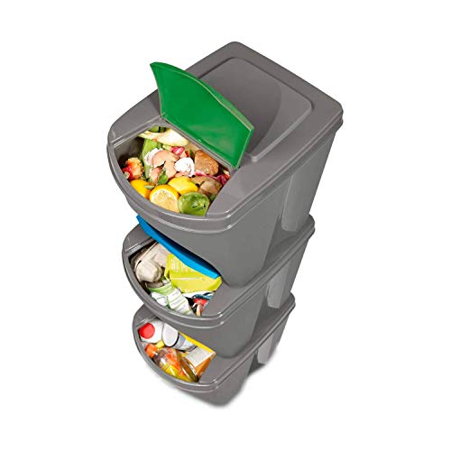 Prosperplast Juego de 3 cubos de basura con compartimentos 3 x 25 Litros, color gris