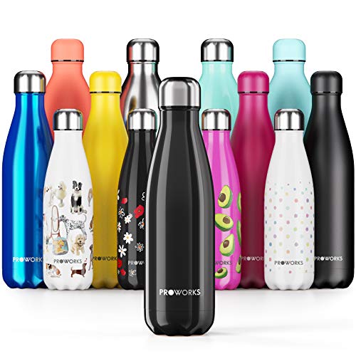 Proworks Botellas de Agua Deportiva de Acero Inoxidable | Cantimplora Termo con Doble Aislamiento para 12 Horas de Bebida Caliente y 24 Horas de Bebida Fría - Libre de BPA - 500ml – Negro