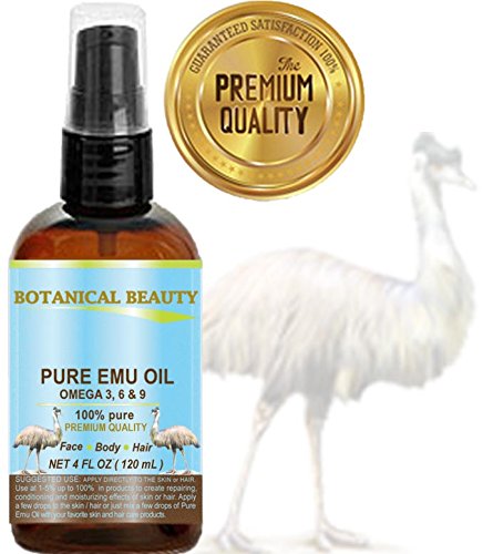 PURE EMU Oil, 100% Pure, 4 oz-120 ml. For Face, Hair, Body and Nails. Great for Dermatitis, Psoriasis, Eczema, Brittle Nails, Dry Hair & Scalp, Burns, Pain, Stretch Marks, Rosacea, Cuts, Scars, Anti- Aging and More! by Botanical Beauty