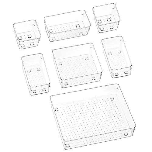 Puricon 7 uds. Organizadores Transparentes para Cajones, Cajas Plásticas de Almacenamiento, Bandejas de Maquillaje Papelería Cubiertos para Dormitorio Vestidor Cuarto de Baño Cocina Oficina Escritorio