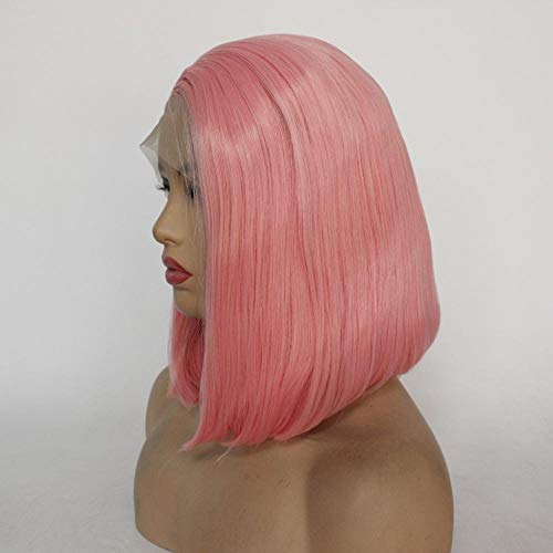 QLSGO Pink Ladies Short Straight Hair Wigs Side Split Bobo Hair Tips Inside Hebilla Peluca de encaje frontal，el mejor pelo sintético para un aspecto muy natural 18 pulgadas