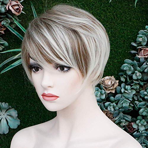 Queentas Brown Mixed Blonde Pixie Cut peluca corta con flequillo Dark Roots pelucas de cabello sintético resistente al calor para mujeres