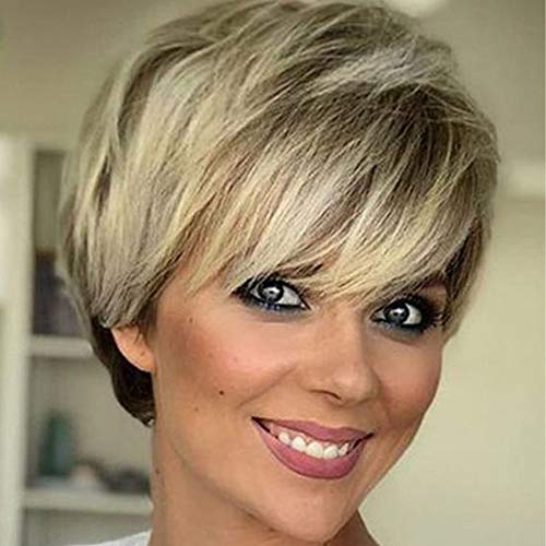 Queentas Brown Mixed Blonde Pixie Cut peluca corta con flequillo Dark Roots pelucas de cabello sintético resistente al calor para mujeres