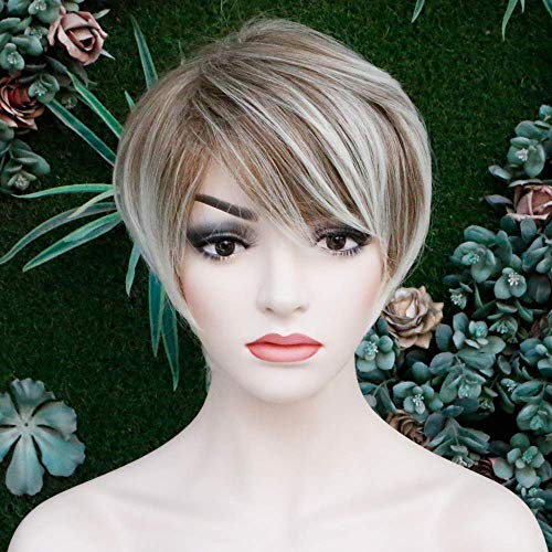 Queentas Brown Mixed Blonde Pixie Cut peluca corta con flequillo Dark Roots pelucas de cabello sintético resistente al calor para mujeres