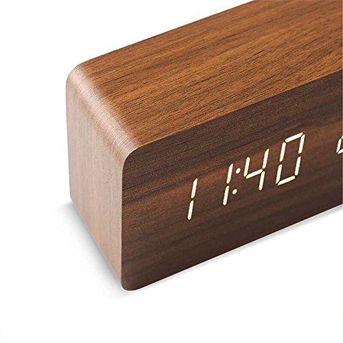 Queta LED Reloj Despertador Reloj de Madera Reloj Digital Despertador Oficina Fecha Temperatura Pantalla Humedad 12/24 Horas (marrón)