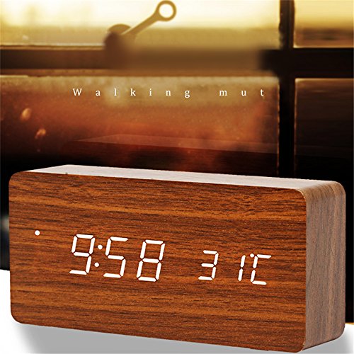 Queta LED Reloj Despertador Reloj de Madera Reloj Digital Despertador Oficina Fecha Temperatura Pantalla Humedad 12/24 Horas (marrón)