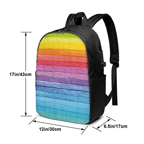 Rainbow Colored Horizontal Striped Lines Bright Hand Drawn Artistic Cute Design USB Backpack Carry On Bags 17 Inches Laptop Backpack For Travel School Business