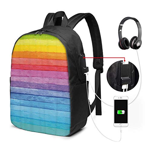 Rainbow Colored Horizontal Striped Lines Bright Hand Drawn Artistic Cute Design USB Backpack Carry On Bags 17 Inches Laptop Backpack For Travel School Business