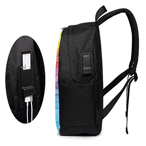 Rainbow Colored Horizontal Striped Lines Bright Hand Drawn Artistic Cute Design USB Backpack Carry On Bags 17 Inches Laptop Backpack For Travel School Business