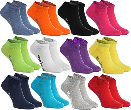 Rainbow Socks - Hombre Mujer Calcetines Cortos Colores de Algodón - 12 Pares - Negro Blanco Gris Púrpura Azul Marino Azul de Vaqueros Naranja Rojo Amarillo Verde de Mar Merde Fucsia - Talla 44-46