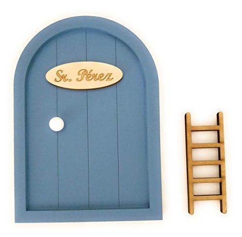 Ratoncito Pérez Puerta Madera Escalera + Felpudo + Ratoncito de Madera/Decoraciones de Pared con Adhesivo (Azul grisaceo)