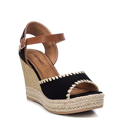 REFRESH - Sandalia de Cuña para Mujer - Sandalia con Cierre de Hebilla - Tacón 10 cm - Color Negro - Talla 38