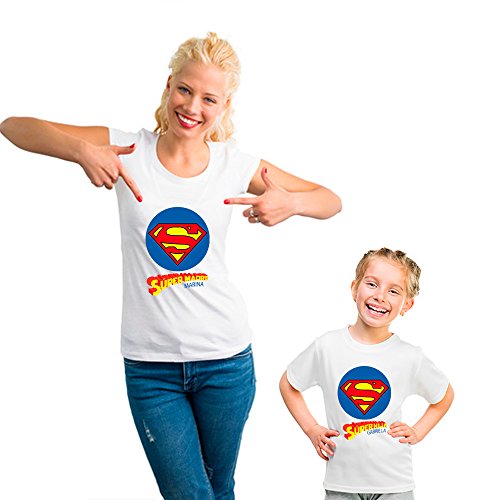 Regalo Personalizado para Madres: Pack de Camiseta Super mamá y Super Hijo, Camiseta para mamá y para Hijo/a Personalizado con Sus Nombres