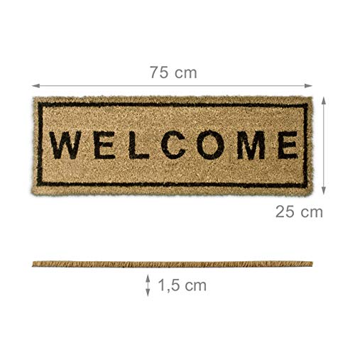 Relaxdays – Felpudo Welcome para la Entrada de su hogar Hecho de Fibras de Coco y PVC con Medidas 75 x 25 cm Antideslizante Elemento Decorativo, Color Natural