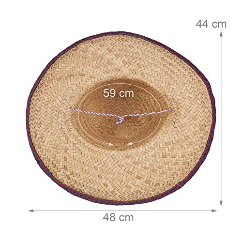 Relaxdays-Sombrero Mexicano, Gorro Fiesta, Accesorio Disfraz Mejicano, Cinta para la Barbilla, Paja, 1 Ud, 18 x 44 x 48 cm, Beige, color, talla única (10021527)