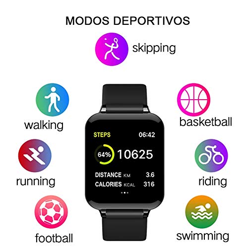 Reloj de Actividad Inteligente Sumergible con Pulsómetro, Monitor de sueño, Oxígeno en Sangre, Presión Arterial, Podómetro, Calorias, Mensajes, Llamadas.etc. en Español o Inglés para iOS o Android.