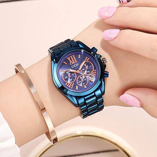 Reloj De Tres Ojos con Seis Agujas Reloj De Tres Ojos con Seis Agujas Correa De Acero Marca De Marea Moda Reloj De Mujer Azul Impermeable