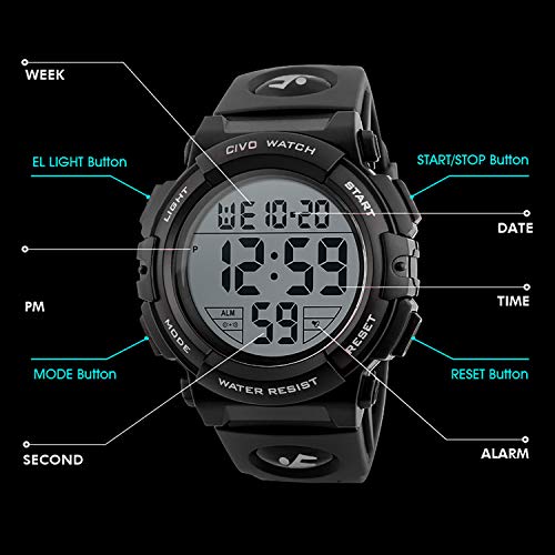 Relojes de Pulsera Digitales Deportivos Militares con Grandes Números a Prueba de Agua hasta 50M Reloj Negro de Pulsera Casual para Hombres de Goma