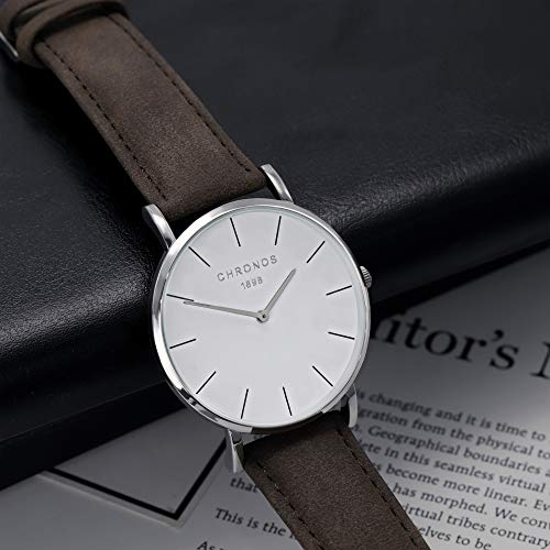 Relojes Mujer y Hombre Ultradelgado Cuero Clásico, Marrón-Plata