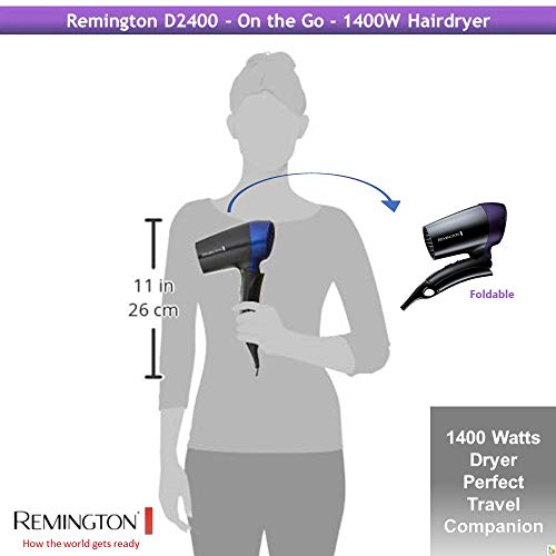 Remington D2400 Secador de Pelo de Viaje, Plegable, Concentrador, 1400 W, Voltaje Universal, Negro y Morado