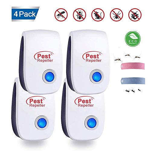 Repelente Ultrasónico, 4Pack Plagas Control Interiores Repelente Ultrasónico de Plagas, Electrónico Ahuyentador Alta Potencia, Para Interiores Mosquitos, Moscas, Ratones 100% Inofensivo para Humanos