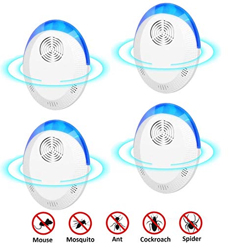 Repelente Ultrasónico Mosquitos, de Plagas Control de Plagas para Las Moscas, Cucarachas, Arañas, Hormigas, Ratas y Ratones, Insectos Antimosquitos Eléctrico Extra Fuerte para Interiores (4 Packs)