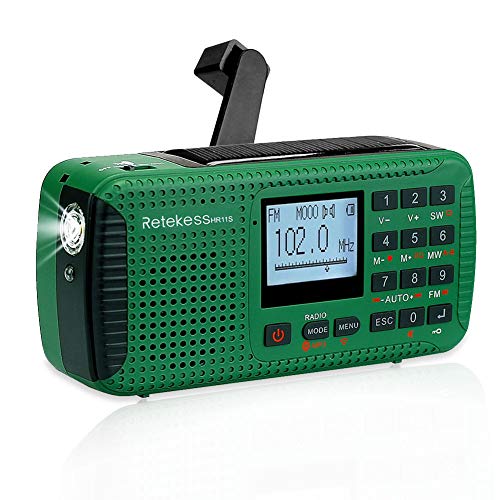 Retekess HR11S Radio Portátil Radio de Emergencia AM / FM / SW Camping Radio Radio Solar con Reloj Despertador Temporizador MP3 Reproductor Linterna Registrador SOS con Manivela (Verde)