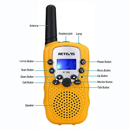 Retevis RT388 Walkie Talkie Niños PMR446 8 Canales LCD Pantalla Linterna Incorporado VOX 10 Tonos de Llamada Walkie Talkie Niñas Juguete Regalo para Niños (Amarillo, 1 Par)