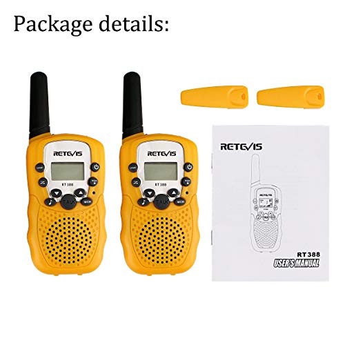 Retevis RT388 Walkie Talkie Niños PMR446 8 Canales LCD Pantalla Linterna Incorporado VOX 10 Tonos de Llamada Walkie Talkie Niñas Juguete Regalo para Niños (Amarillo, 1 Par)