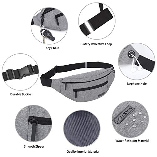 Riñonera Unisex con Conector para Auriculares y 3 Bolsillos con Cremallera, cinturón Ajustable, Bolsa para Entrenamiento al Aire Libre, Viajes, Casual, Correr, Senderismo (Grande-Gris)