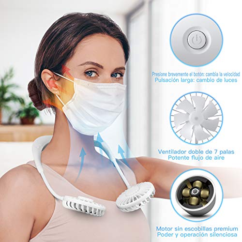 RIYA Ventilador de Cuello, 2200mAh Ventilador portátil Recargable USB, 12000RPM Potencia Motor Viento Fuerte Operación silencioso, Colgando Alrededor de los Ventiladores de Cuello Ventilador Personal