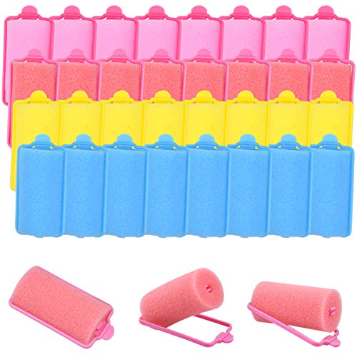 Rodillos de pelo de Esponja, 32 Piezas 3cm Suave Rulos para el Cabello, Bigudí de Espuma Herramienta de Rizado para Mujeres Muchachas y Niños Peinado de Bricolaje, 4 Colores