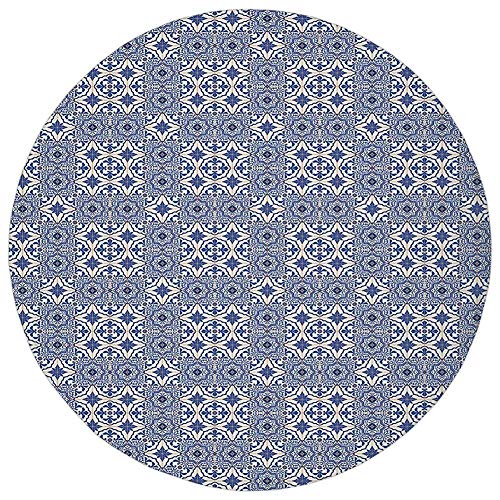 Round Rug Mat Carpet,Moroccan,Portuguese Tiles Squares Grid Style Pattern Oriental Motif Arabesque Decorative,Violet Blue Orange White,Flannel Microfiber Non-slip Soft Absorbent,for Kitchen Floor Bath