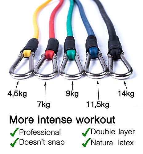 Ryher Gomas elásticas Fitness y Ejercicio - Set de Bandas de Resistencia con Asas, Correas para los Tobillos, Anclaje para Puertas – Deporte en Casa, Gym, Crossfit, Pesas y Musculacion - Pack 2019