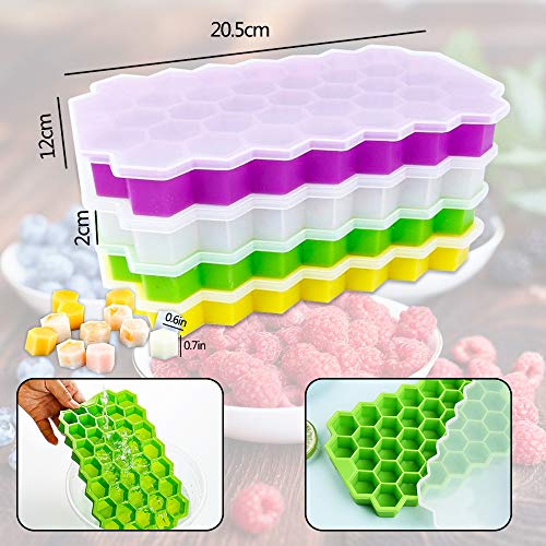 SaiXuan Cubitera Hielo Silicona,4 Pack Bandejas Cubitera Hielo con Tapa,Forma de Panal Moldes y Bandejas para Hielo Flexible para Bebidas Refrigeradas,Whisky y Cócteles,Sin BPA