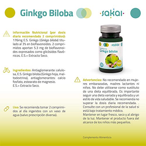 Sakai – Ginkgo Biloba – Favorece la concentración y el rendimiento– Ayuda a la memoria- Mejora la circulación – Evita el cansancio mental - Extracto titulado en bioflavonoides