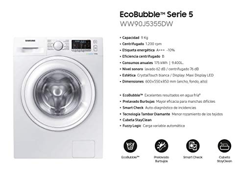 SAMSUNG WW90J5355DW/EC Lavadora WW90J5355DWEC 9KG 1200 A+++q, 77 Decibelios, Weiß