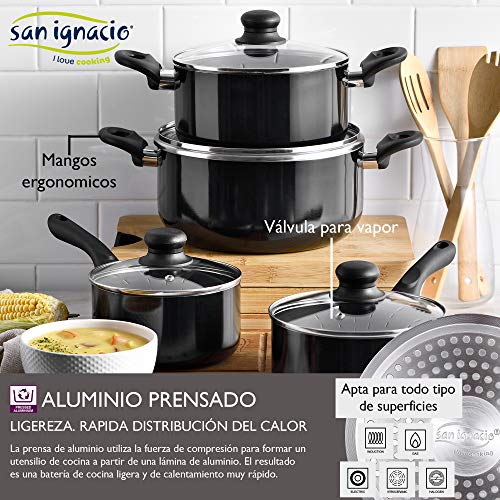 San Ignacio PK2351 Batería 8 piezas Porto, 5 Utensilios de cocina y Set 3 sartenes, diámetro 16/ 20/ 24 cm, negro, aluminio prensado, antiadherente, inducción