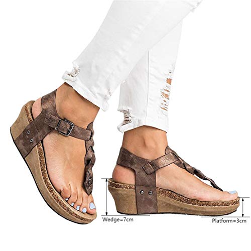 Sandalias Mujer Plataformas Cuña Verano Alpargatas Tacon 7cm Vestir Sandalias y Chanclas Romanas Flipflop Bohemias Zapatos Negro Beige Marrón 35-43 EU Marrón 40