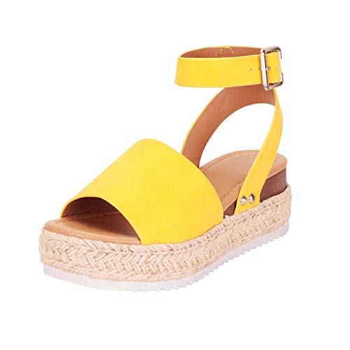 Sandalias Mujer Verano 2019 cáñamo Fondo Grueso Sandalias Punta Abierta Cuero Fondo Plano Zapatos Bohemias Romanas Hebilla Zapatillas Gris 35-43 riou