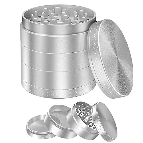 Sanhuanmao Grinder en trituradora de cocina de 4 partes de metal para triturar y triturar hierbas, especias, tabaco, plantas, hojas de té, etc. - con filtro de polen y raspador Plata