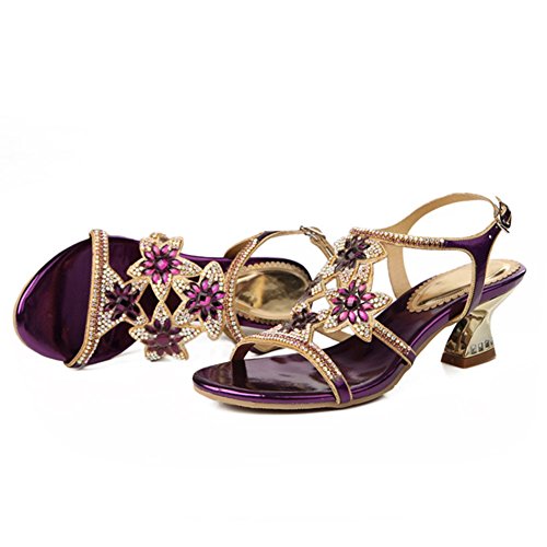 SASA Sandalias de Tacón Alto de Verano de Las Mujeres con Lentejuelas Rhinestone Cabeza Redonda Sandalias Ocasionales Cómodas, Purple, US8/EU39/UK6/CN39