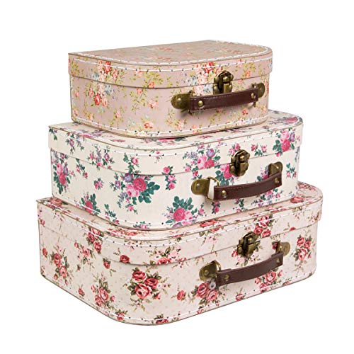 Sass & Belle Juego 3 Cajas de Almacenamiento, diseño Floral con Forma de Maletas Estilo Vintage