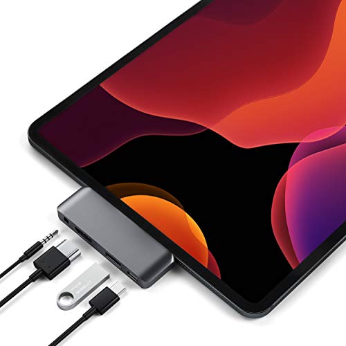 Satechi Adaptador Hub Móvil Pro Tipo-C de Aluminio con Carga USB-C PD, HDMI 4K, USB 3.0 & Jack de Auriculares de 3.5mm - Compatible con 2020/2018 iPad Pro, Microsoft Surface Go y más (Gris Espacial)