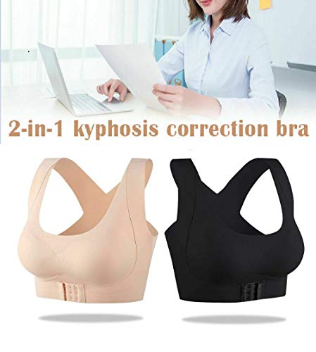 Seamless Front Buckle Support Bra, Women Underwear Back Corrector Invisible No Trace Bra, Push Up Gather Chest Wrap Bra for Sports Workout Activewear Yoga Running 2pcs(Black+Beige) M 32ABC/34AB