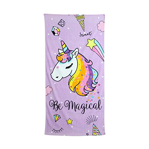 Secaneta Toalla Playa Unicornio Infantil Niñas de 75x150 cm, Tejido Velour Algodón 100%, (Malva), 75 x 150 cm