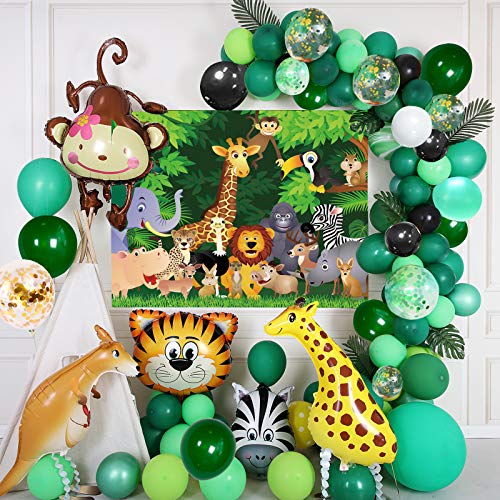 Selva cumpleaños Decoracion Kit de Guirnalda de Globos Arch, Póster de Tela para Fiesta temática de la Selva, Feliz Cumpleaños con Globo Verde con Hojas de Palma, Safari Bosque Globos para Cumpleaños