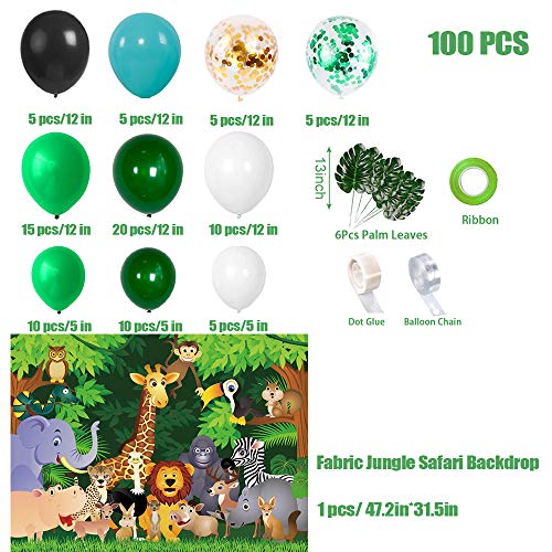 Selva cumpleaños Decoracion Kit de Guirnalda de Globos Arch, Póster de Tela para Fiesta temática de la Selva, Feliz Cumpleaños con Globo Verde con Hojas de Palma, Safari Bosque Globos para Cumpleaños