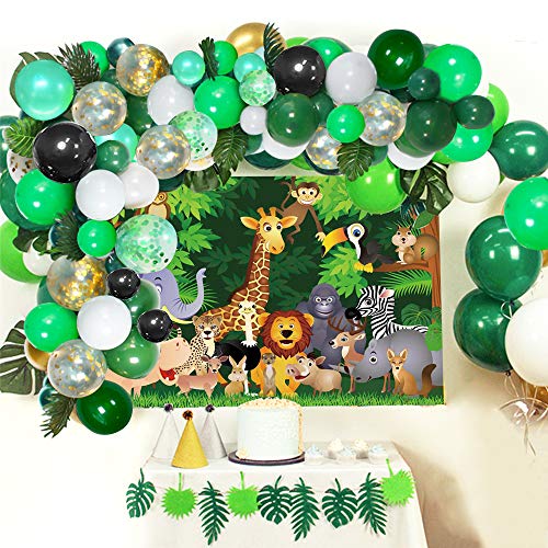 Selva cumpleaños Decoracion Kit de Guirnalda de Globos Arch, Póster de Tela para Fiesta temática de la Selva, Feliz Cumpleaños con Globo Verde con Hojas de Palma, Safari Bosque Globos para Cumpleaños